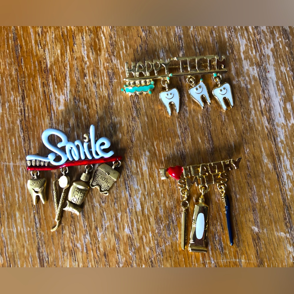 Healthy Teeth Dentist Brooch Pins- Danecraft, Cookie Lee, and Unsigned - 3 Total